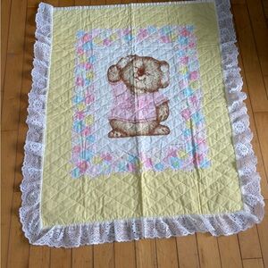 46”x39” vintage handmade Yellow and White Quilted Baby Blanket with Bear Design
